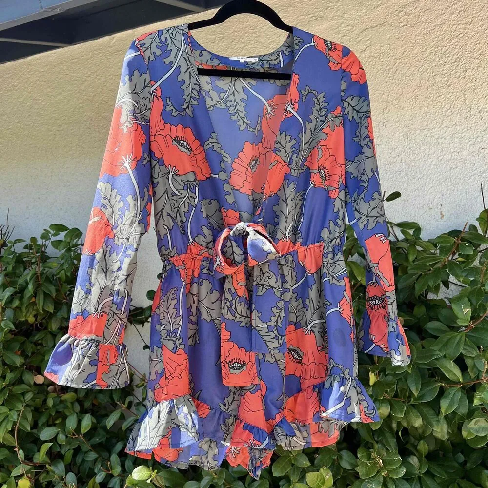 Tularosa Bishop Romper Blue Floral Long Sleeve Ruffle NWOT Size XS - Picture 2 of 6